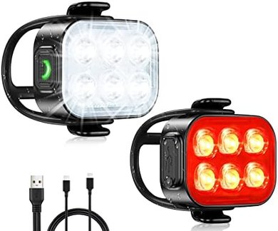 Bright, USB Rechargeable Bike Lights: Front & Rear, IP65 Waterproof, 4+6 Modes