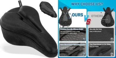 Gel-padded bike seat cushion for comfort & all bikes.