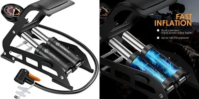 VERENO Double Barrel Bike Pump:  160PSI, Presta/Schrader/Dunlop Valves
